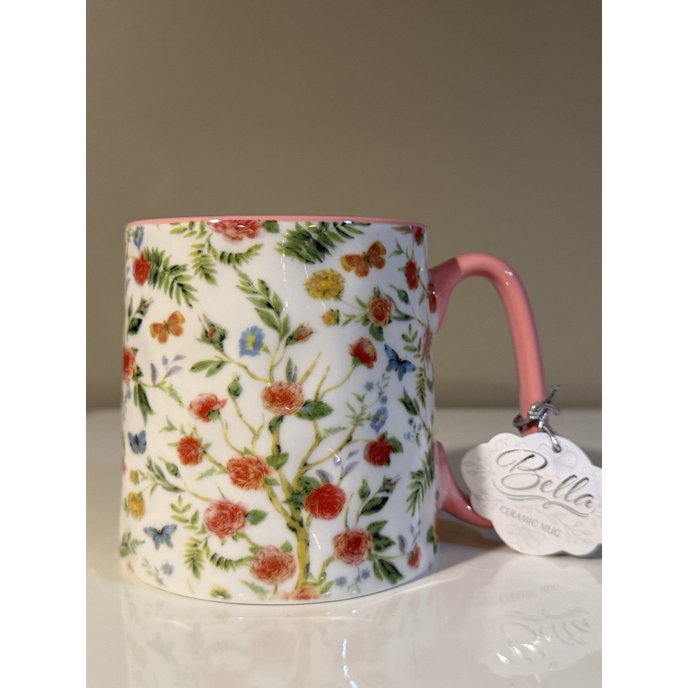 Bella 10 Strawberry Street Ceramic Mug- 14oz. Colorful Flowers & Butterflies NEW